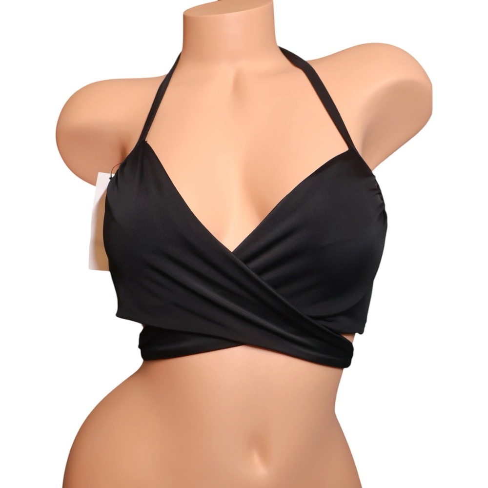 NWT 32D Black Underwire Wrap Halter Bikini Top Surplice Tie Back Quiet Luxury